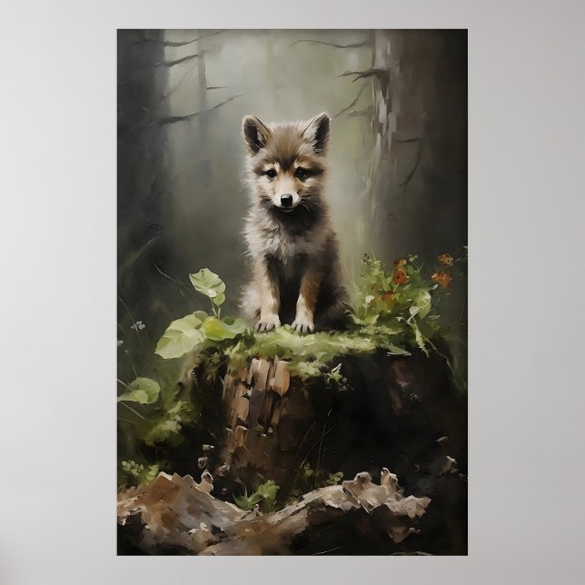 Baby Wolf Skogsutskrift, Botanisk Skogsinredning Poster (Framsidan)
