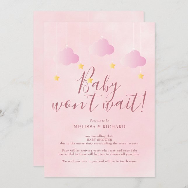 Baby Wont Wait Rosa Flicka Baby Shower Inbjudningar (Fram/baksida)