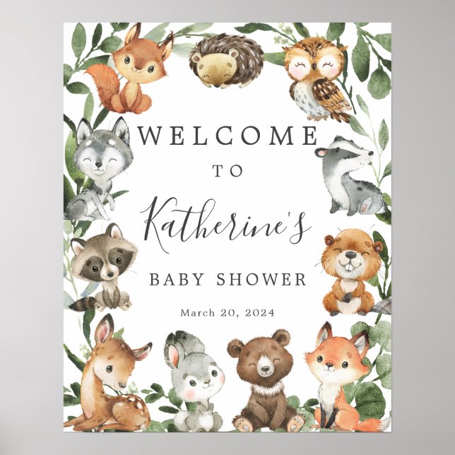 Baby Woodland Animals Baby Shower Välkomstskylt Poster (Framsidan)