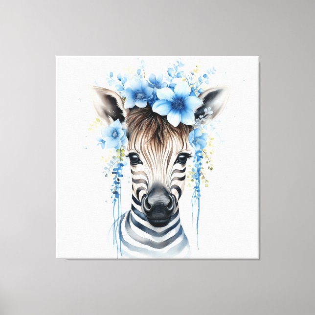 Baby Zebra - Blå blomman Krona Canvastryck (Framsida)