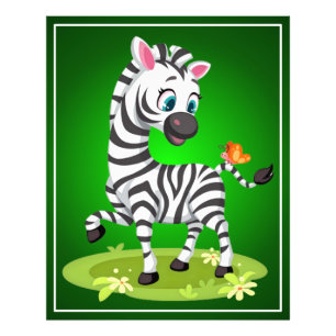 Baby Zebra Teckning som spelar med fjäril-23960 Fototryck
