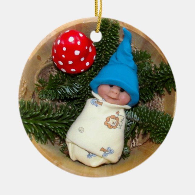 Babyälva, giftsvamp: Polymerleraskulpturer Julgransprydnad Keramik (Framsidan)