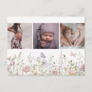 Babyannonsering för vårens vilda blomsterfält vykort