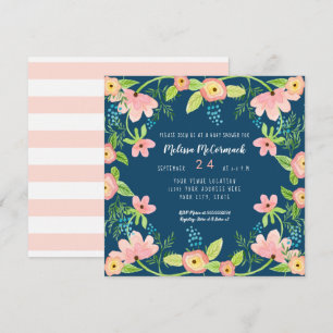 Babybildschare Modern Navy Rosa Blommigt Watercolo Inbjudningar