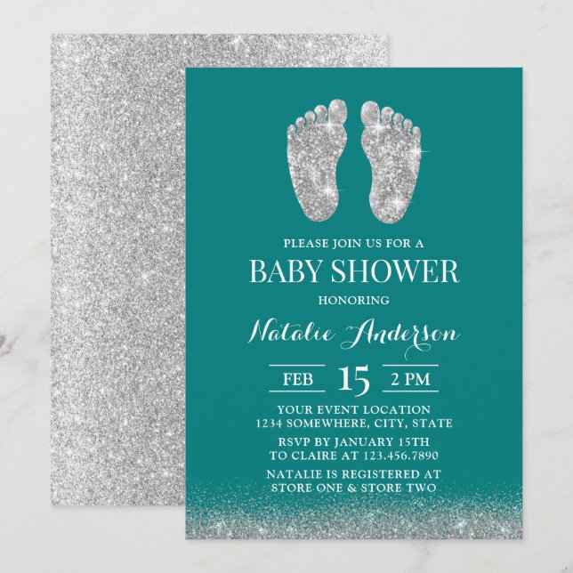 Babybildschare Modern Silver Glitter Baby Foot Tea Inbjudningar (Fram/baksida)