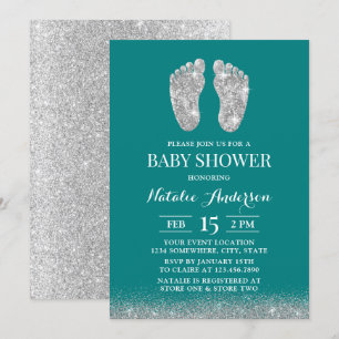 Babybildschare Modern Silver Glitter Baby Foot Tea Inbjudningar