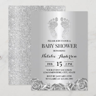 Babybildscheman Modern Silver Glitter Feet Ro Blom Inbjudningar