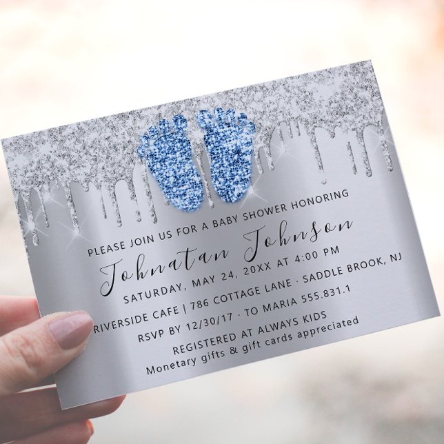 Babybilschaufförer Glitter Blue Feet Grått Boy Gir Inbjudningar (Baby Shower Drips Glitter Blue Feet Gray Boy Girl Invitation)