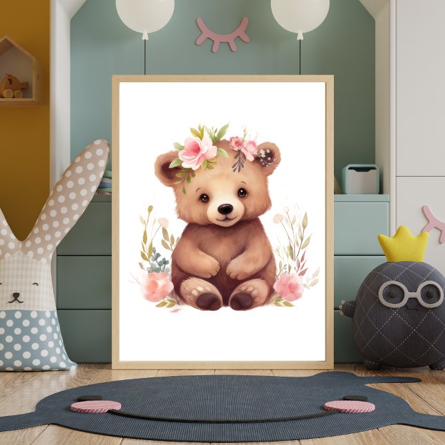 Babybjörn Rosa Blommor Akvarell Barnkammar Väggkon Poster (Nursery Print Baby Bear Pink Flowers. Nursery decor. Printed or digital download)