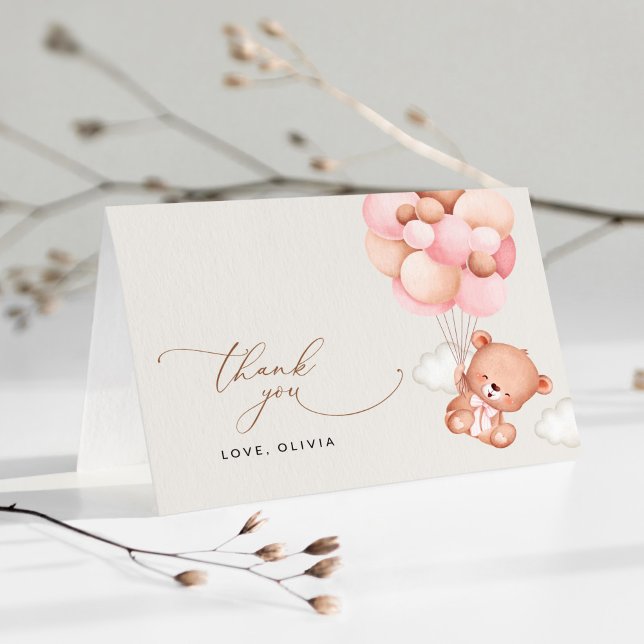 Babybjörn, Teddybjörn, Rosa ballonger, Bebis showe Tack Kort (Skapare uppladdad)