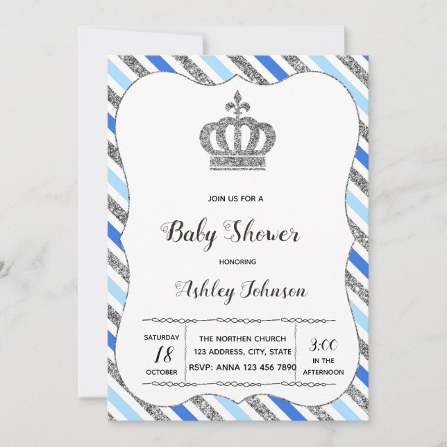 Babyblå och silver baby shower-festlig inbjudan (Framsida)