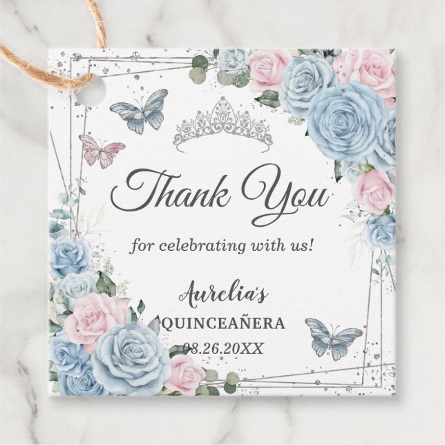 Babyblått ljusrosa blommande fjäril Quinceañera Gåvor Etiketter (Framsida)