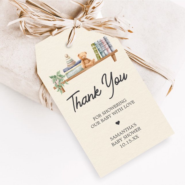 Babyböcker och Brunch Neutrala Duschpresenttaggar Presentetikett (Books and Brunch Baby Shower Favor Tags)