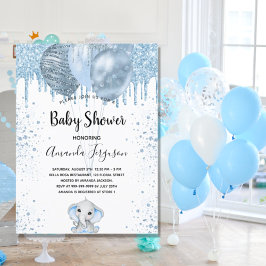 Babybojans blå glitter-elefantballonger inbjudan vykort