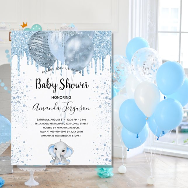 Babybojans blå glitter-elefantballonger inbjudningar (Skapare uppladdad)