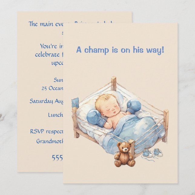 Babyboxningsmästare Digital nedladdningsinbjudan Inbjudningar (Fram/baksida)
