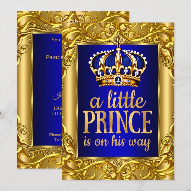 Babyboy shower Royal Prins blå guld Inbjudningar (Fram/baksida)