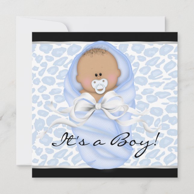 Babyboy Svart Blå Leopard Bebis Shower Inbjudningar (Framsida)