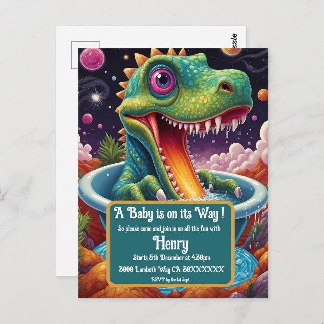 Babydusch Dino-Mite party design Vykort (Fram/baksida)