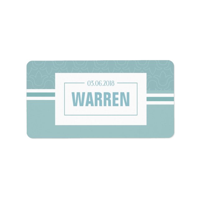 Babydusch, döpning av pojke blå datum adressetikett (Framsidan)