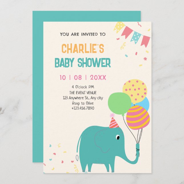 Babydusch för Cute elefant-ballonger Inbjudningar (Fram/baksida)