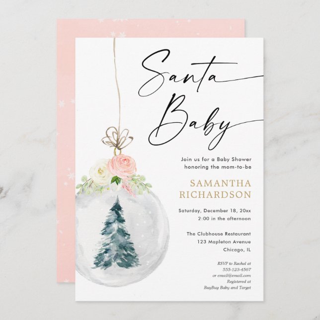 Babydusch för Rosa guld Julgran vid Santa Baby Inbjudningar (Fram/baksida)