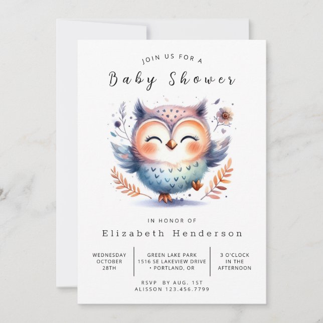 Babydusch för Watercolor Digital Uggla Inbjudningar (Framsida)