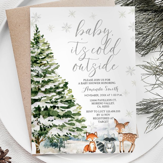 Babydusch för Winter Animal Evergreen Träd Inbjudningar (Skapare uppladdad)