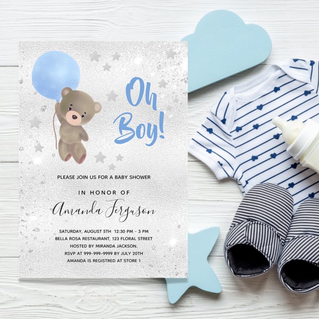 Babydusch nalle Blue silver boy Inbjudningar (Skapare uppladdad)