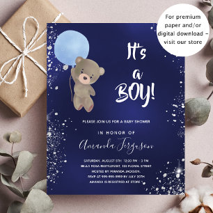 Babydusch nalle boyblå glitter inbjudan vykort