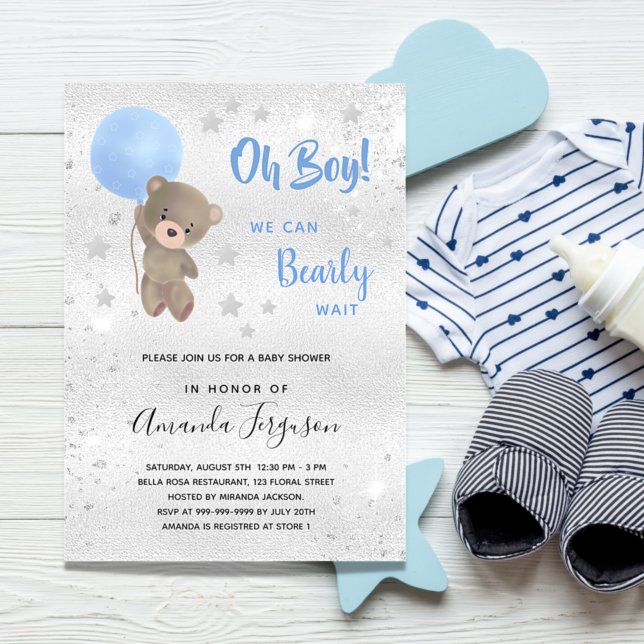 Babydusch nalle boyblå silver inbjudningar (Skapare uppladdad)