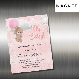 Babydusch nalle Flicka rosa silver lyx Magnetisk Inbjudningskort