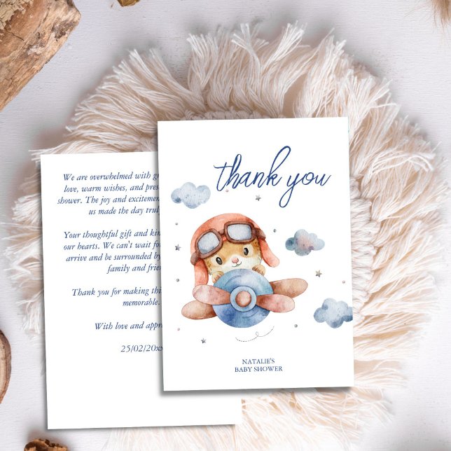 Babydusch på vintagens lilla flygplan tack kort (Little pilot vintage airplane baby shower thank you card cute bunny pilot)