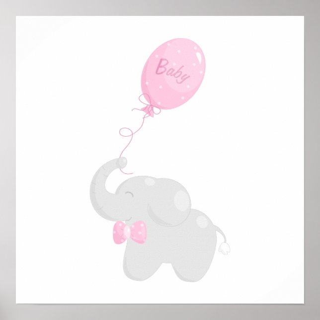 Babydusch poster med elefant och rosa ballong (Framsidan)