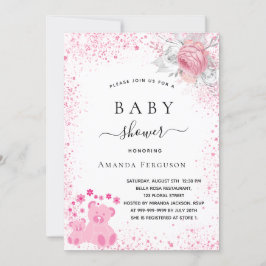 Babydusch rosa nalle Girl blommigt glitter Inbjudningar