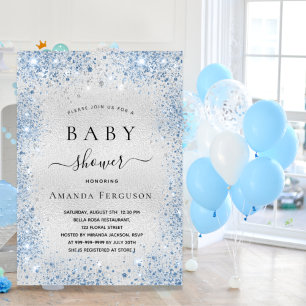 Babydusch silver glitter-dammblå pojke namn inbjudningar