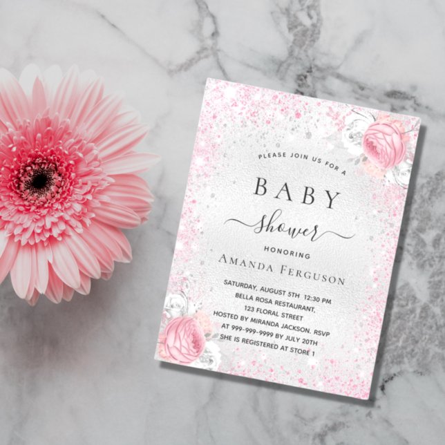 Babydusch silver glitter rosa blommigt inbjudningar (Skapare uppladdad)