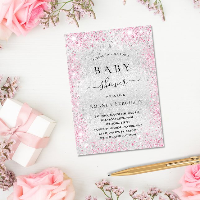 Babydusch silver glitter rosa flicka inbjudningar (Skapare uppladdad)