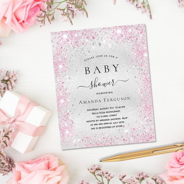 Babydusch silver glitter stoft rosa flicka inbjudan vykort (Skapare uppladdad)