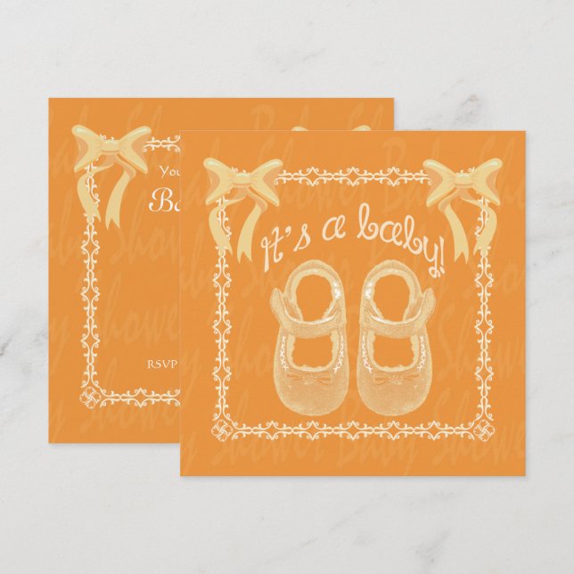 Babydusch Unisex Orange Shoes and bows Inbjudan (Fram/baksida)