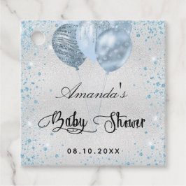 Babyduschballonger i silver blå glitter tack gåvor etiketter