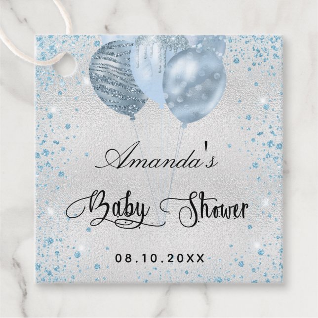 Babyduschballonger i silver blå glitter tack gåvor etiketter (Framsida)