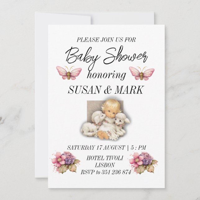 Babyduschbarn med lammmagnet inbjudningar (Framsida)