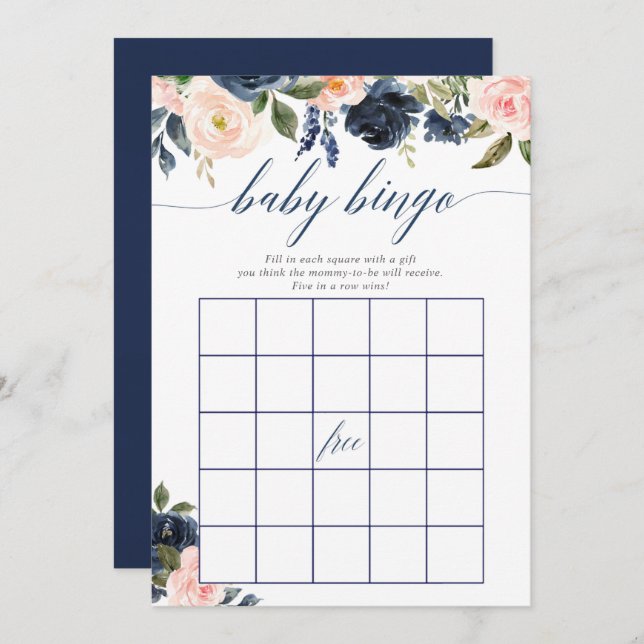 Babyduschbingo-spel  rosa marin blommigt inbjudningar (Fram/baksida)