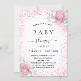 Babyduschens rosa, vit glitter-flickans blommigt inbjudningar