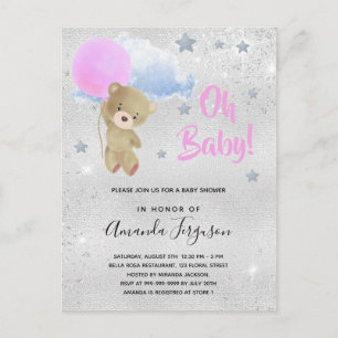 Babyduschflicka rosa nalle silver inbjudan vykort