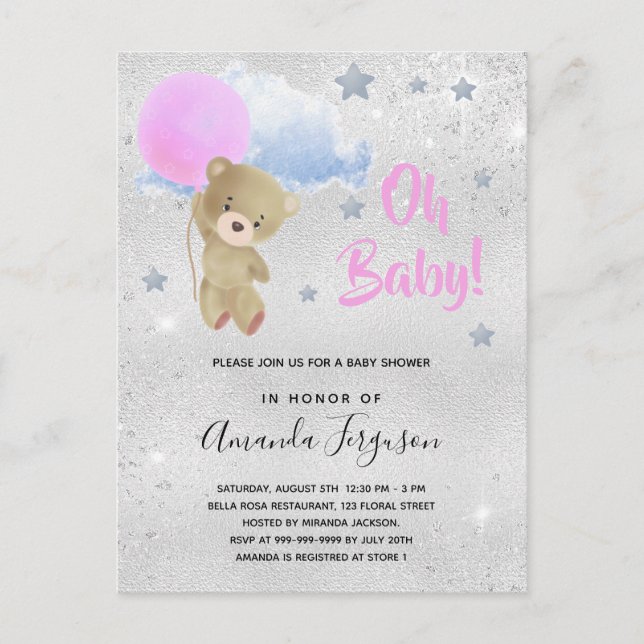 Babyduschflicka rosa nalle silver inbjudan vykort (Framsida)