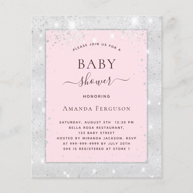 Babyduschflicka silver  rosa glitter flygblad (Framsidan)
