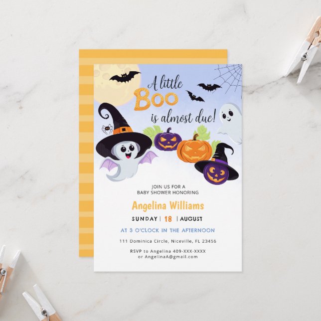 Babyduschinbjudan till Little Boo Halloween. Inbjudningar (Fram/Back In Situ)