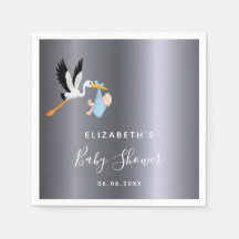 Babyduschpojke silver blå stork